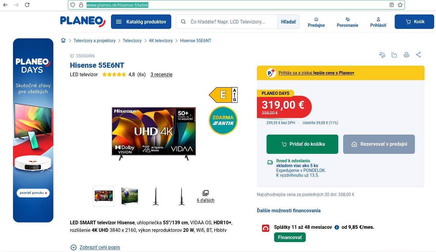 dnes noma vyberá: https://www.planeo.sk/hisense-55e6nt