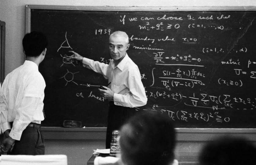 Can you spot the basic thought of Mr. Openheimer from his black board? This is it in my mind: