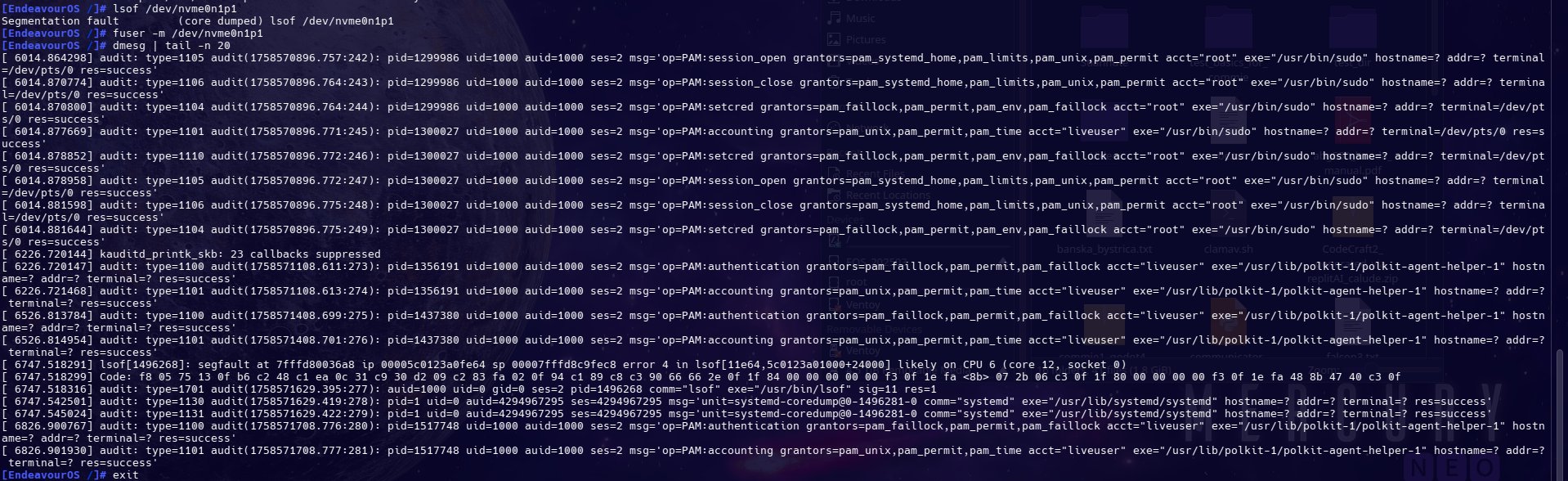 Tak dnes sme si pozreli s AI gpt, prečože nám to Linux padol. Á po chroot to bol segment memory fault:
