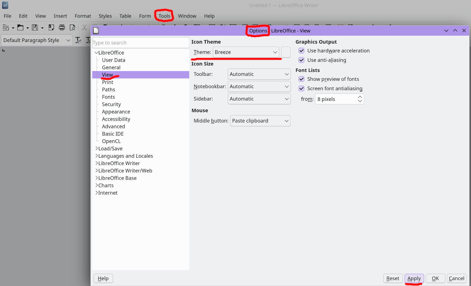 Ak nevidíte ikonky v Linuxe pre Libre Ofis, zrejme máte nainštalovanú zlú tému ikoniek, stačí ju doinštalovať uvedeným skriptom a nastaviť ju v menu