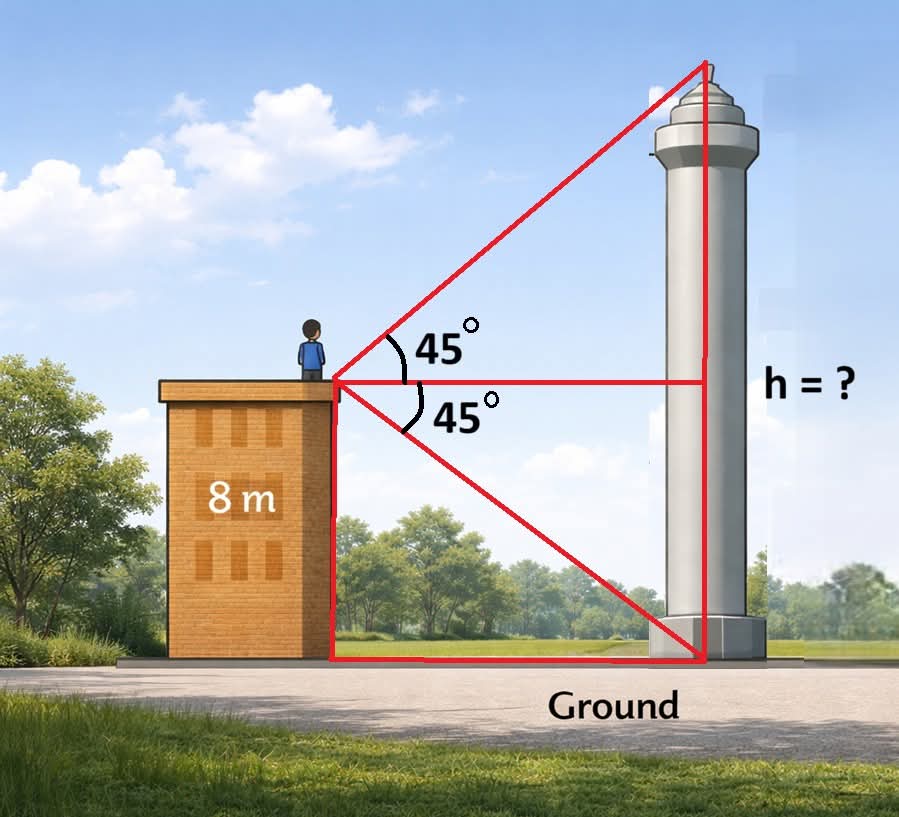 Dnešný dráždič by som išiel rovno na 8+8=16m=h Prečo? 90-45=45° Á teda sú to trojuholníky rovno ramenné: