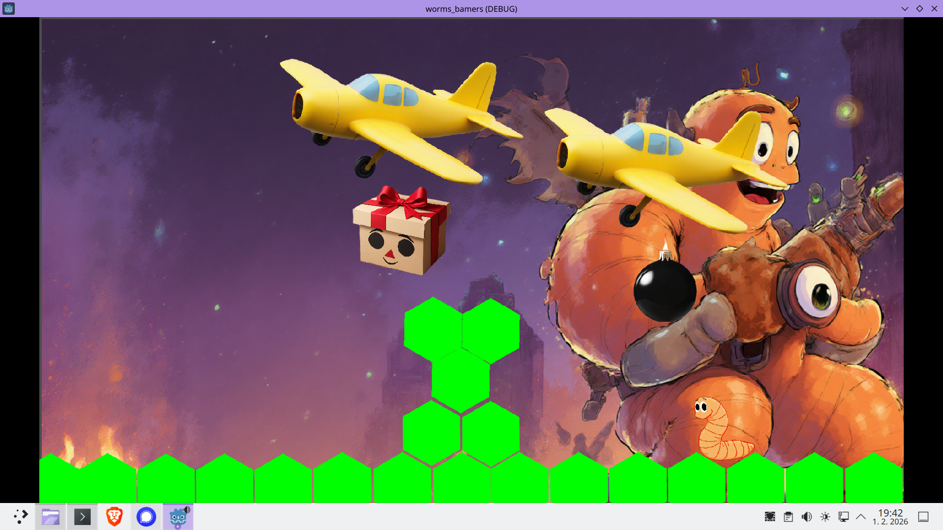 Okay, dnes sme pohli ďalej s kódom Červíci bombíci a pridali sme padajúci náhodný balík, ktorý dodá energiu červíkovi á padajúcu bombu, ktorá ju neskôr odoberie