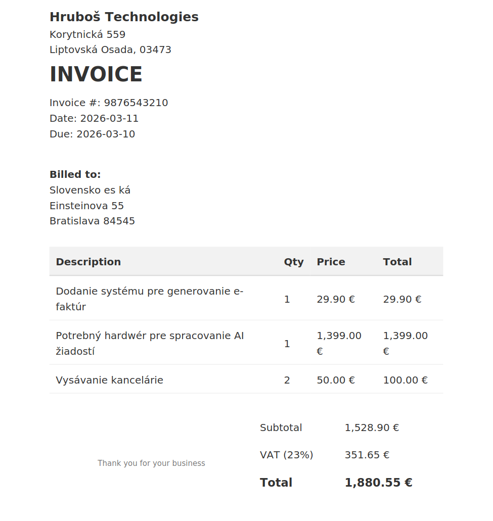 Dnes som spustil službu: Generátor faktúr - Invoice generator pre jednoduché účtovníctvo do PDF na doméne: https://projects.hrubos.tech/