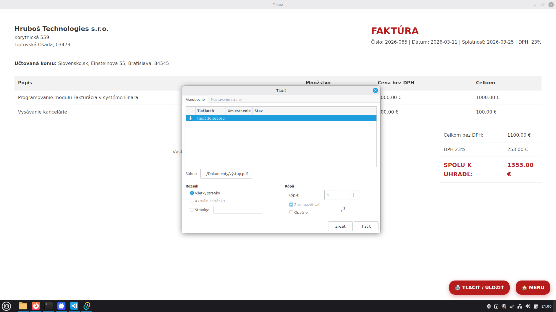 finara tlac do suboru faktura