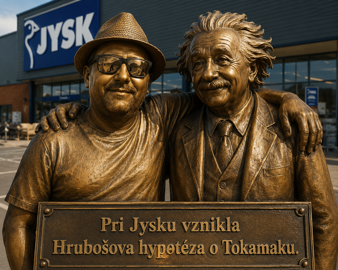 Takúto sochu som chcel mať pri Jysku, kde vznikla moja hypotéza o Tokamakoch, no neva splnila mi to aspoň AI GPT, díkes: