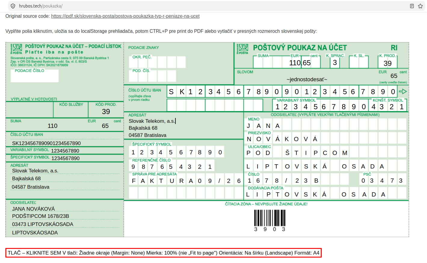 Hotová appka Poukážka na poštu, v originálnych rozmeroch pre tlač. Zadávajte ako na obrázku: