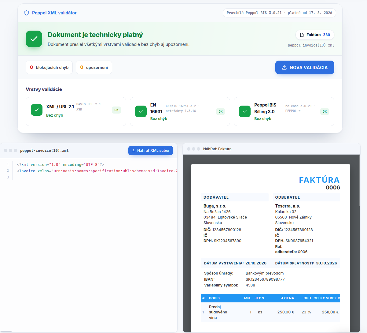 okay, dnes sme pridali kompatibilný peppol 3.0.21 xml, aby validátory nevypisovali chyby. Viďte obrázky podľa najnovšieho štandardu pre našu e-faktúru https://projects.hrubos.tech/invoice3